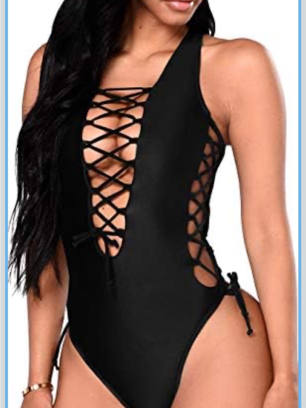 🚘 🆕 Black Lace-Up One-Piece Swimsuit sexy deep effort V neck lace up sides too M